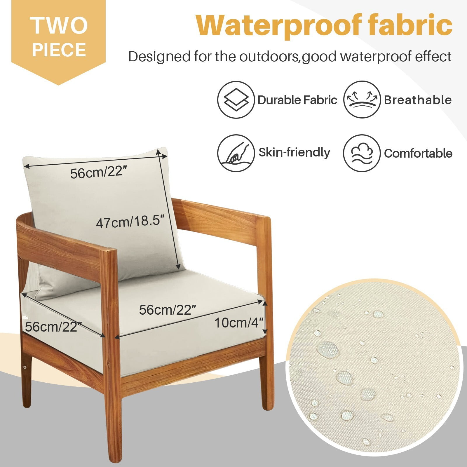 JIAN YA NA Outdoor Seat Cushion Set, Patio Sofa Chair Furniture Seat & Back Cushions, Waterproof Sectional Sofa Pads, 22 x 22 x 4 Inch, Off-white, 2 Pack