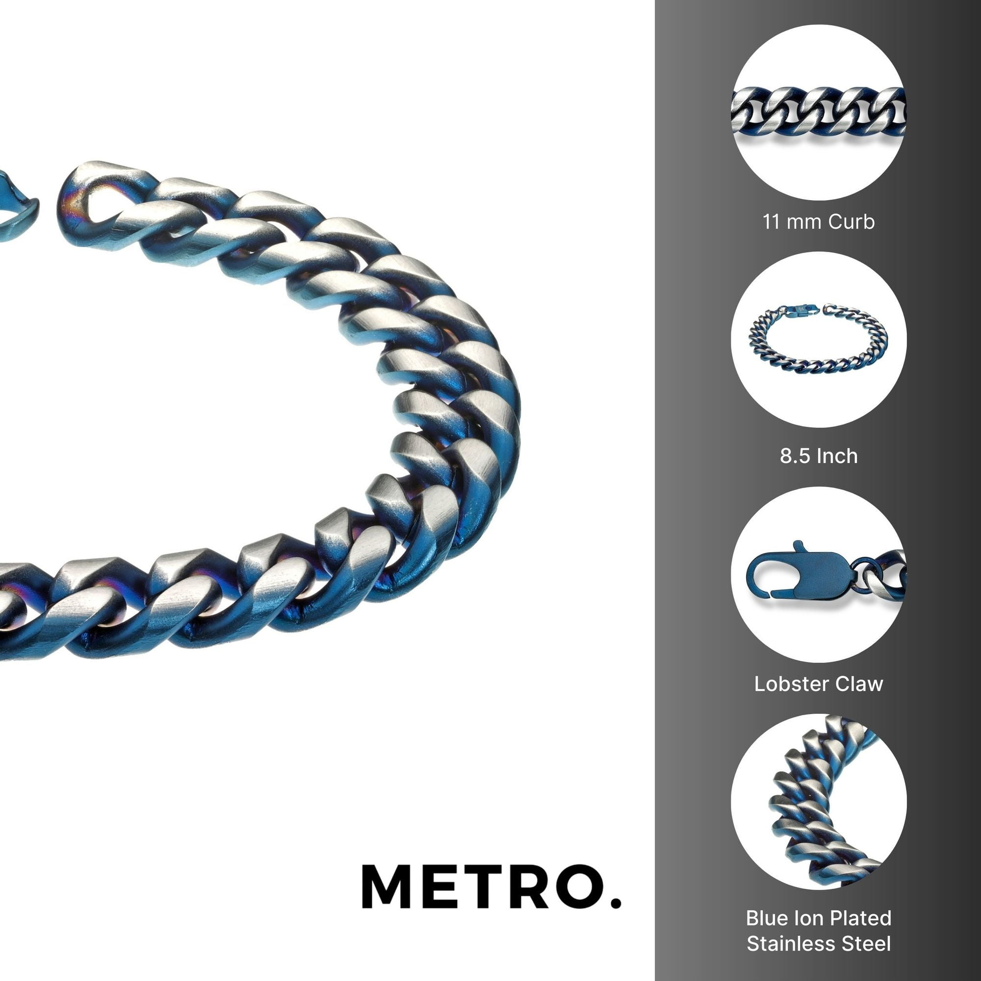 Metro Jewelry Men's Stainless Steel Thick Two Tone Curb Chain Bracelet with Blue Ion Plating and Lobster Clasp - 8.5 Inches Long