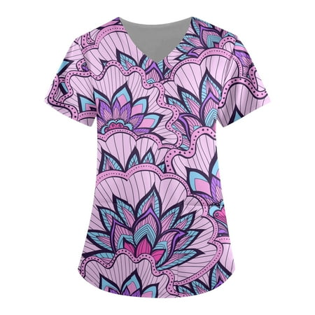 

QWERTYU Graphic Scrubs Top for Women Holiday Short Sleeve Uniform V Neck Professionals T Shirt Casual Working Nursing Scrubs Purple 2XL