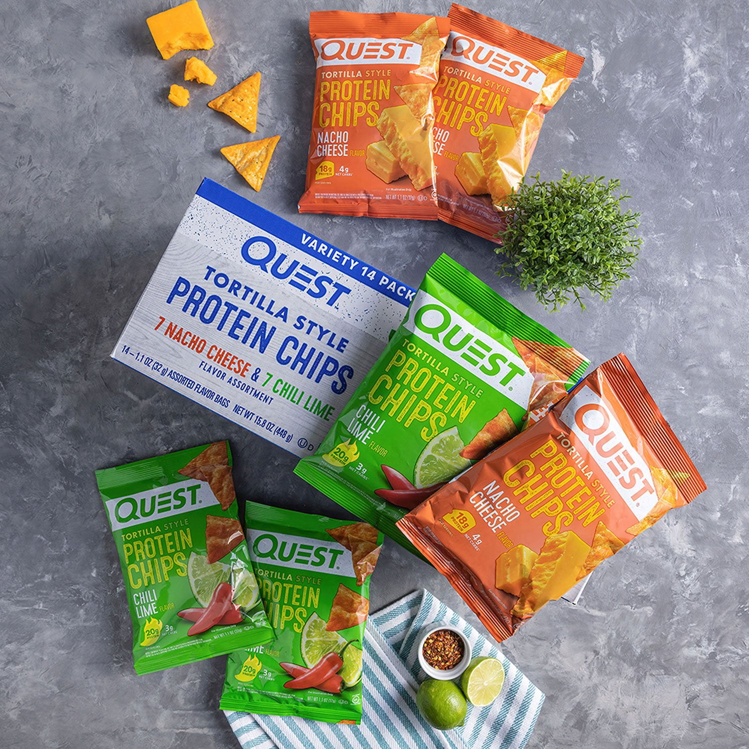Quest Tortilla Chips Variety Pack, Nacho Cheese & Chili Lime, 1.1 Ounce (14 Ct)