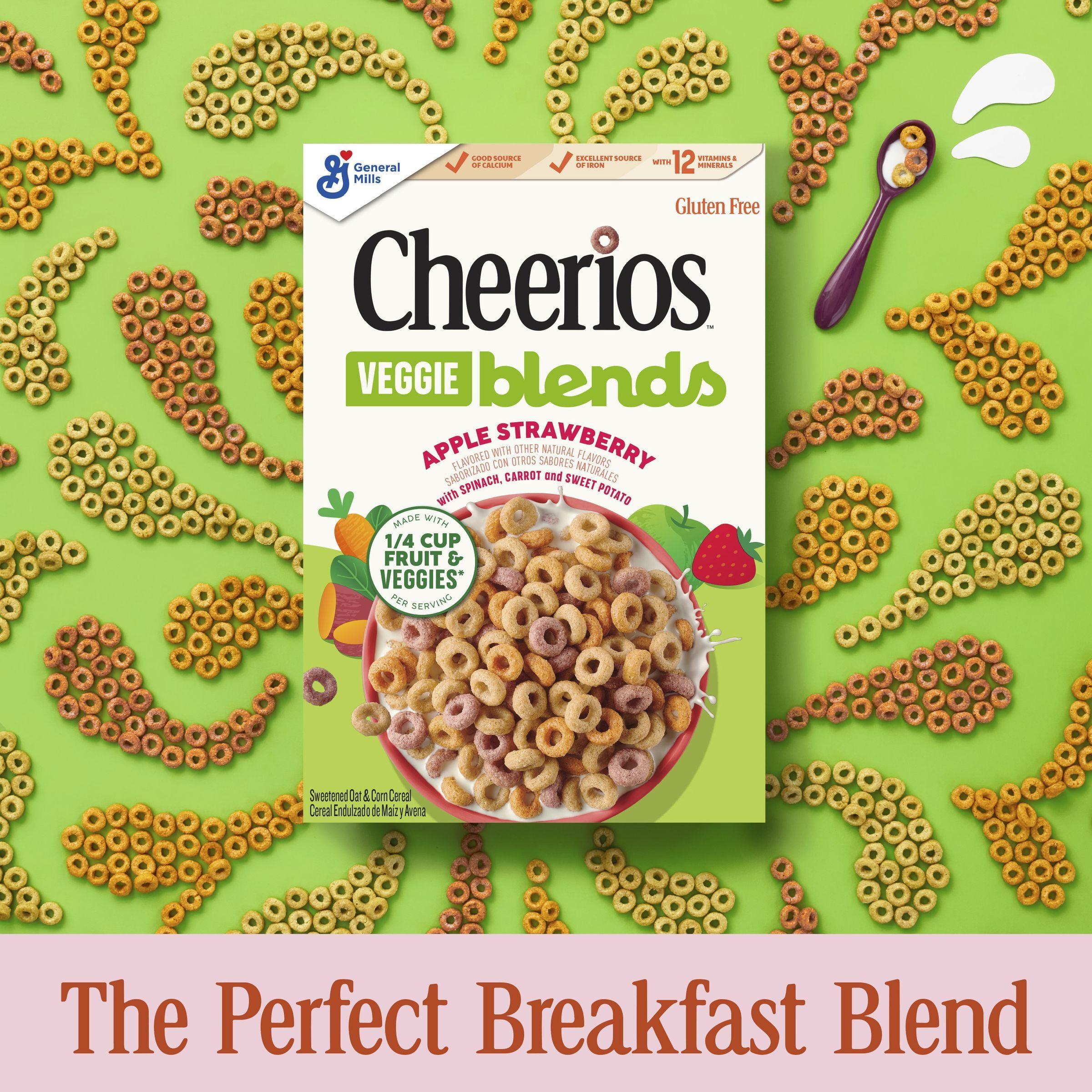 Cheerios Veggie Blends Breakfast Cereal, Apple Strawberry Flavored, Family Size, 18 oz (Pack 2)