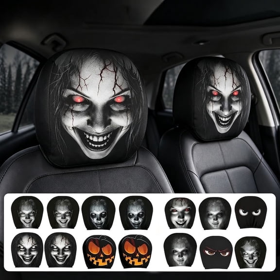 Spooky Face Headrest Covers, Scary Face Printing Auto Seat Universal Halloween Elastic Models Headrest Protector-Eye Effects Cover Funny Decoration for Car Interior Vehicle Truck SUV