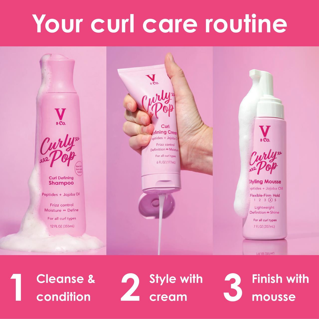 V&Co. Beauty Curly Pop Curl Defining Cream – Curl Cream for Curly Hair, Anti Frizz & Moisturizing Hair Care with Peptides & Jojoba Oil, 6 fl oz