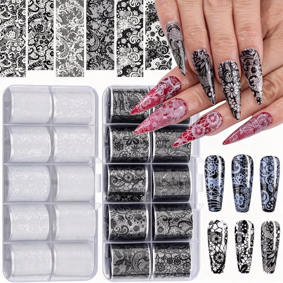 RAGUPEL 20 Rolls Lace Nail Foil Sheets, Black and White Flower Nail Transfer Foil, Nail Art Decals and Holographic Foils for Diy Acrylic Nails, Manicure Stickers and Nail Decoration for Women