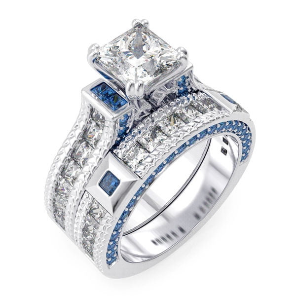 Brilliant Cut Sapphire CZ Engagement Wedding Genuine Sterling Silver Ring Set 