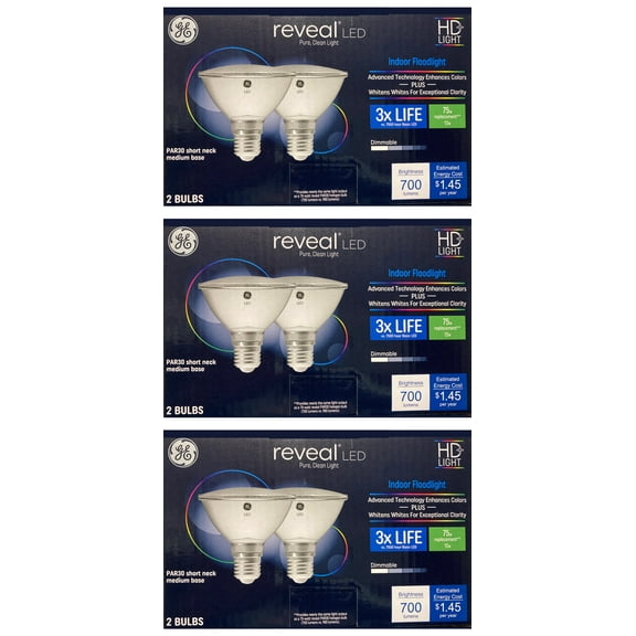 (6 bulbs) GE Reveal LED 75 W Equivalent Dimmable, Color-Enhancing HD PAR30 Shortneck, Dimmable LED Light Light Bulb, GE's best light, Indoor Floodlight, 700 lumen, 12 watt