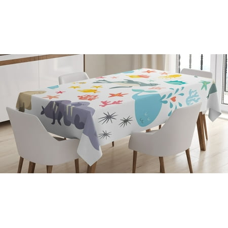 Ocean Tablecloth, Whale Squid Sea Lion Shark Jellyfish Clownfish Dolphin Starfish Stingrays Colorful, Rectangular Table Cover for Dining Room Kitchen, 60 X 90 Inches, Multicolor, by