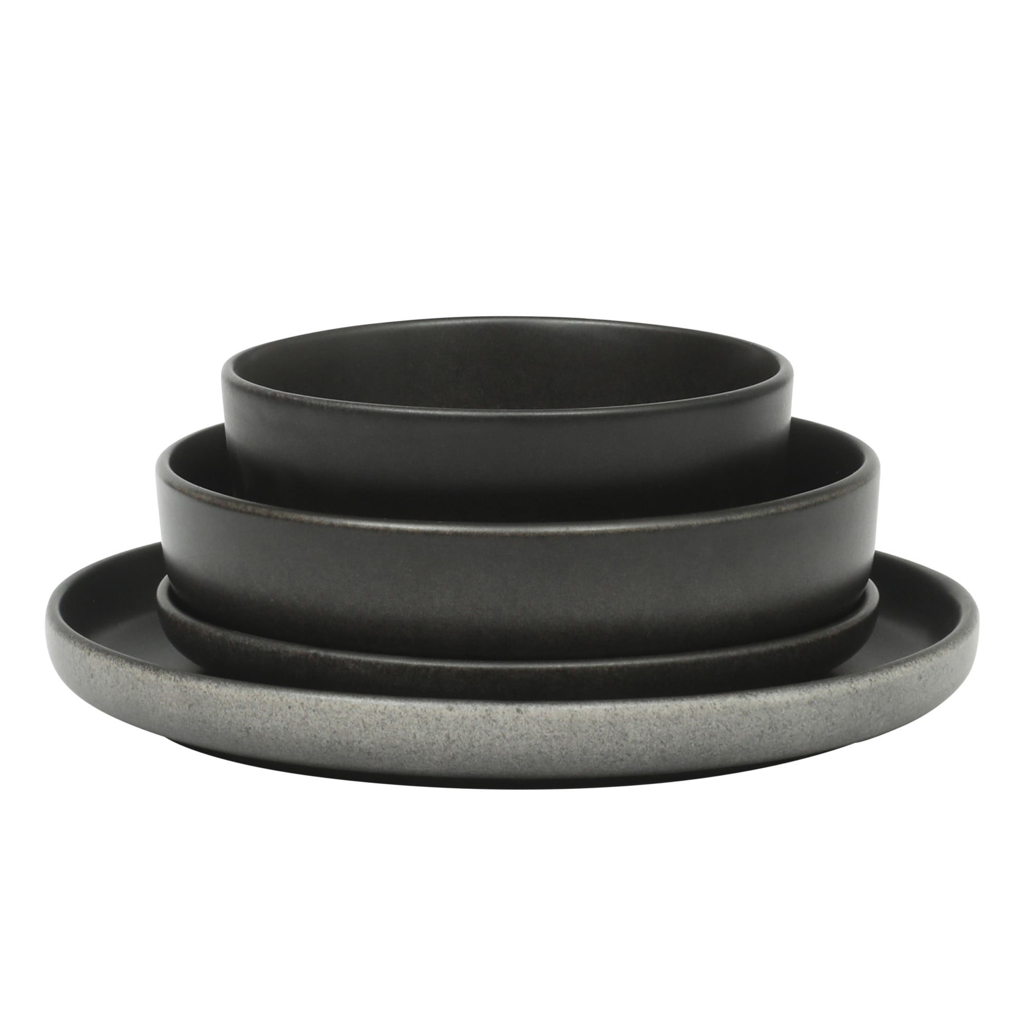 Gibson Soho Lounge Pasco 16 Piece (Service for 4) Plates and Bowls Double Bowl Reactive Glaze Dishes Stoneware Ceramic Dinnerware Set - Black