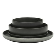 Gibson Soho Lounge Pasco 16 Piece (Service for 4) Plates and Bowls Double Bowl Reactive Glaze Dishes Stoneware Ceramic Dinnerware Set - Black