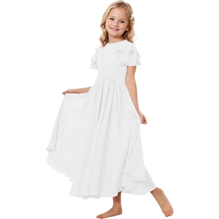 Drtj 2-14T Kids Teens Junior Flower Girl Wedding Bridesmaids Flowy Chiffon Ruffles Sleeve Pageant Long Dress