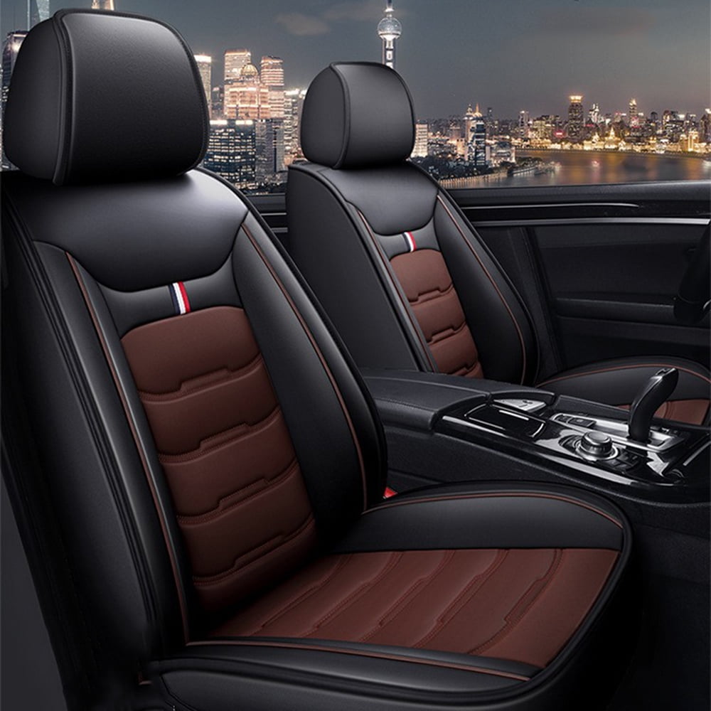 TIANLAIMEI Leather Car Seat Covers Full Set Front and Rear Bench Backrest Seat Cover Set Universal Fit for Sedan SUV Truck Black/Brown