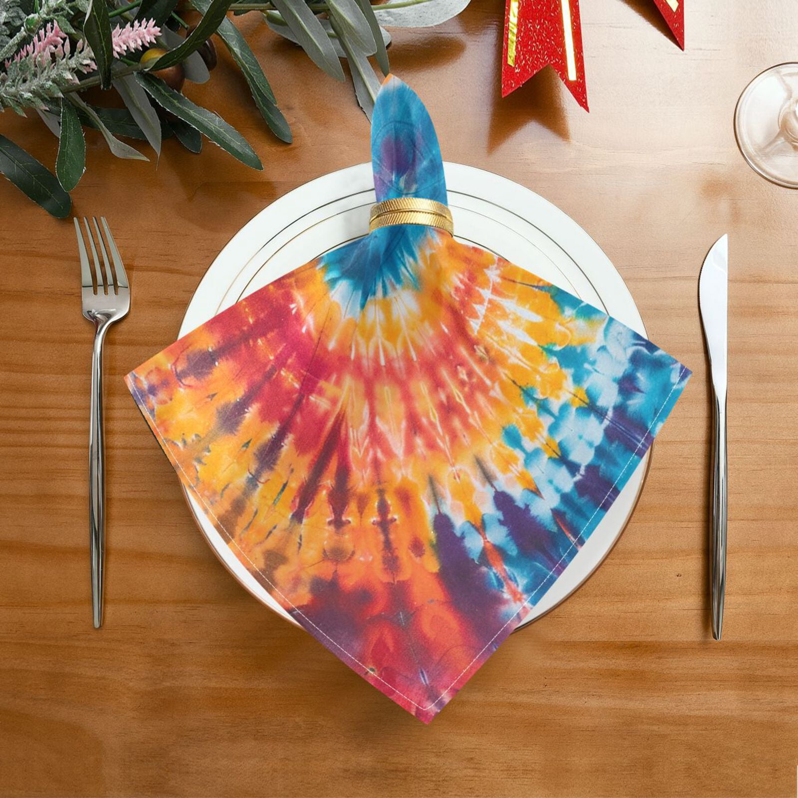 JSTEL Tie Dye Rainbow Color Cloth Napkins Set of 6, 20x20 Inch Washable and Reusable Napkin for Decoupage Dinner Party Everyday Use