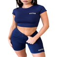 thumbnail image 2 of Womens Casual 2 Piece Outfits  Short Sleeve Letter Print Crop Tops + Shorts Set Tracksuit, 2 of 4