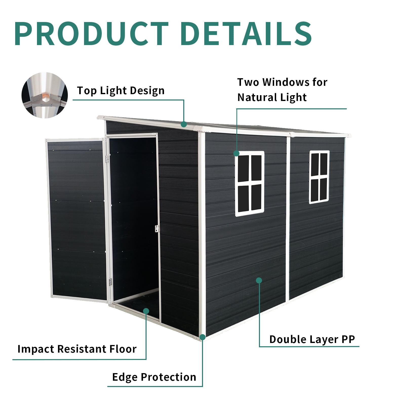 8x4 ft Outdoor Resin Garden Shed with Door, Floor and 2 Windows, Plastic Patio Outdoor Storage Shed with Lockable Door for Garden Tools, Bicycles, Trash Cans, Black