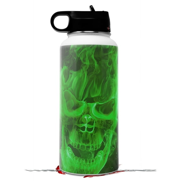Skin Wrap Decal compatible with Hydro Flask Wide Mouth Bottle 32oz Flaming Fire Skull Green (BOTTLE NOT INCLUDED)