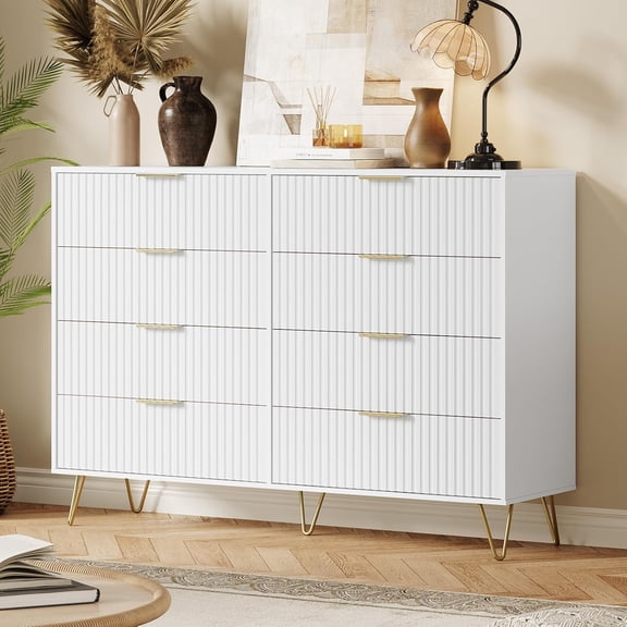 8-Drawer Fluted Dresser, 55" Modern Wooden Chest with Metal Handles, Clothes Storage Organizer & TV Stand for Bedroom, Living Room, White