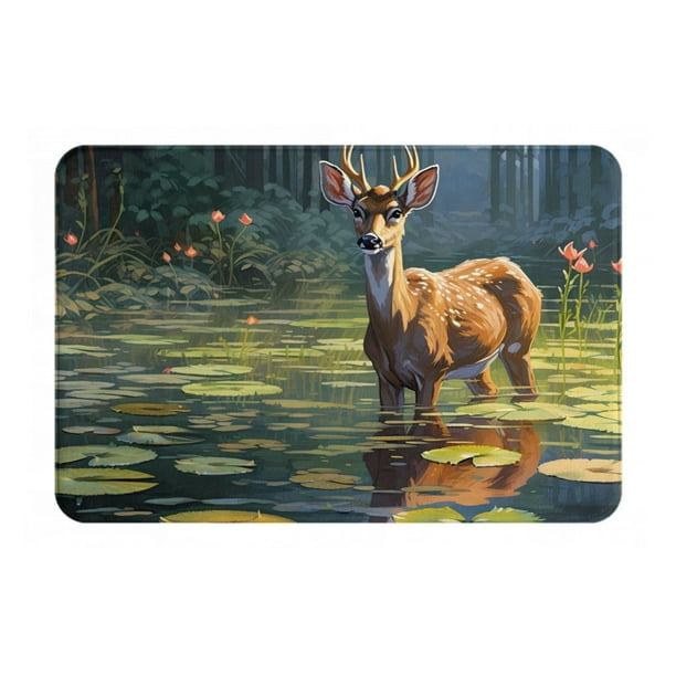 Balery Peaceful Deer Lily Pond Felpudo de franela, resistente a las manchas y a la decoloración, para uso interior y exterior, fácil de limpiar, 40 x 60 cm