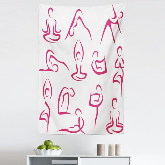 Yoga Tapestry, Doodle Style Women Various Exercise Poses Workout Health Lifestyle Bodycare, Fabric Wall Hanging Decor for Bedroom Living Room Dorm, 5 Sizes, Pink White, by Ambesonne