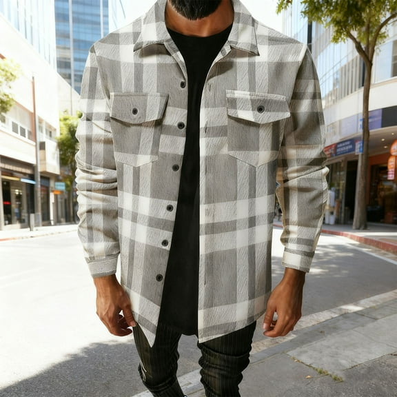 Fznquz Long Sleeve Big and Tall Shirts for Men Gray Plaid Casual Shirt Button Down Pocket Flannel Men's Fashion
