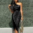 thumbnail image 3 of Women Sexy Solid One Shoulder Ruched Slit Dress Sleeveless Belt Formal Dress, 3 of 3
