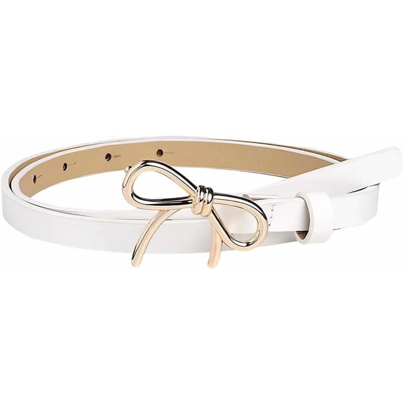 Skinny PU Leather Waist Belt for Women Adjustable 0.5 Inch Width White Belts with Gold Alloy Bowknot Buckle Thin Elegantes Slim Leather Waist Strap Band for Ladies Dresses Jeans Pants