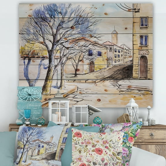 Designart 'Vintage White House In Summer VIllage' Traditional Print on Natural Pine Wood