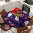 thumbnail image 2 of Round Table Cover 36-44 Inch Pumpkins Halloween Waterproof Reusable Table Cloth Round Fitted Vinyl Tablecloth with Elastic Edged for Parties Outdoors, Purple Orange Botanical, 2 of 9