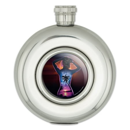 

Tropical Sunset Paradise on Woman s Back Round Stainless Steel 5oz Hip Drink Flask
