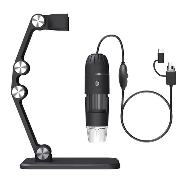 microscopio digital portátil con cámara de inspección usb hd de 50x a 1600x con soporte y 8 led, microscopios portátiles para pc y teléfonos inteligentes — Microscopio portátil color morado con cuerpo cilíndrico, lente transparente frontal y rueda de enfoque de barril; incluye cable USB 3 en 1 (micro/USB/Tipo‑C) y soporte articulado de mesa con base plana; 8 LEDs ajustables alrededor de la lente, compatibilidad OTG para teléfonos Android y conexión a PC, captura JPG y video MP4 (especificado 20 fps), rango de trabajo 20–60 mm; también suele usarse para educación y hobby.