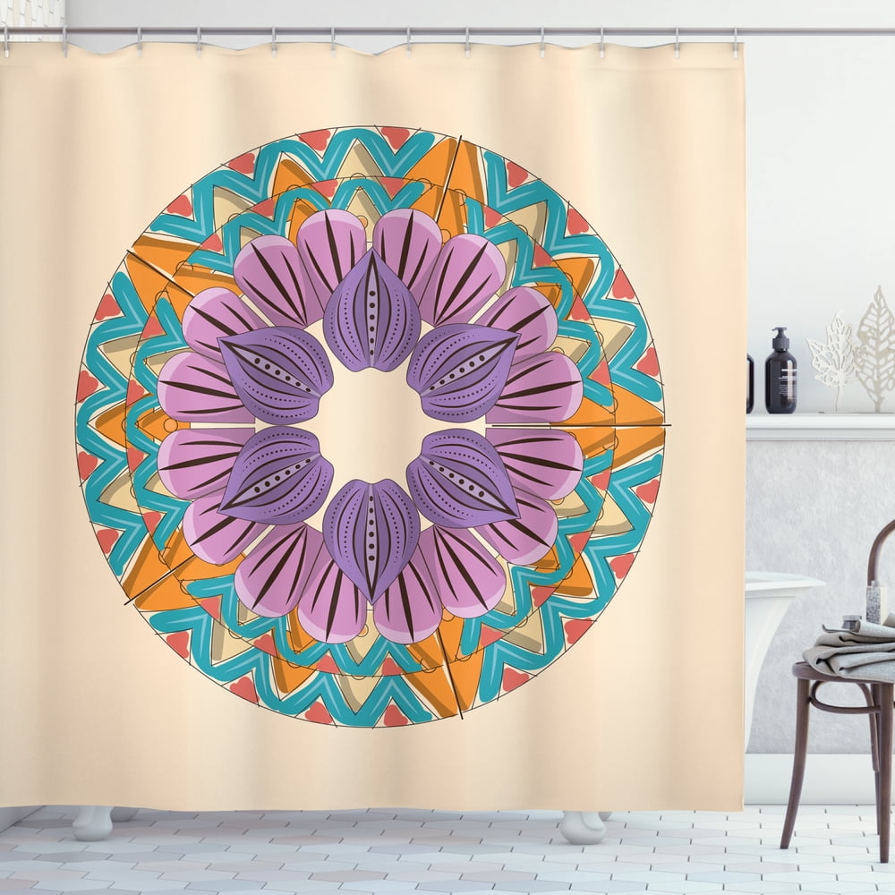 Mandala Shower Curtain, Mandala Art Design with Rotating Zigzags