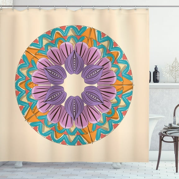 Mandala Shower Curtain, Mandala Art Design with Rotating Zigzags Definitive Lines and Floral Motifs Print, Fabric Bathroom Set with Hooks, 69W X 75L Inches Long, Multicolor, by Ambesonne