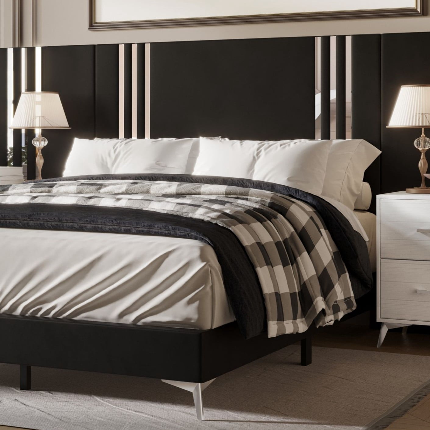 Home Design Laytec King Velvet Upholstered Platform Bed Frame with Rectangular Headboard and Wall Panels, Black, Easy Assembly