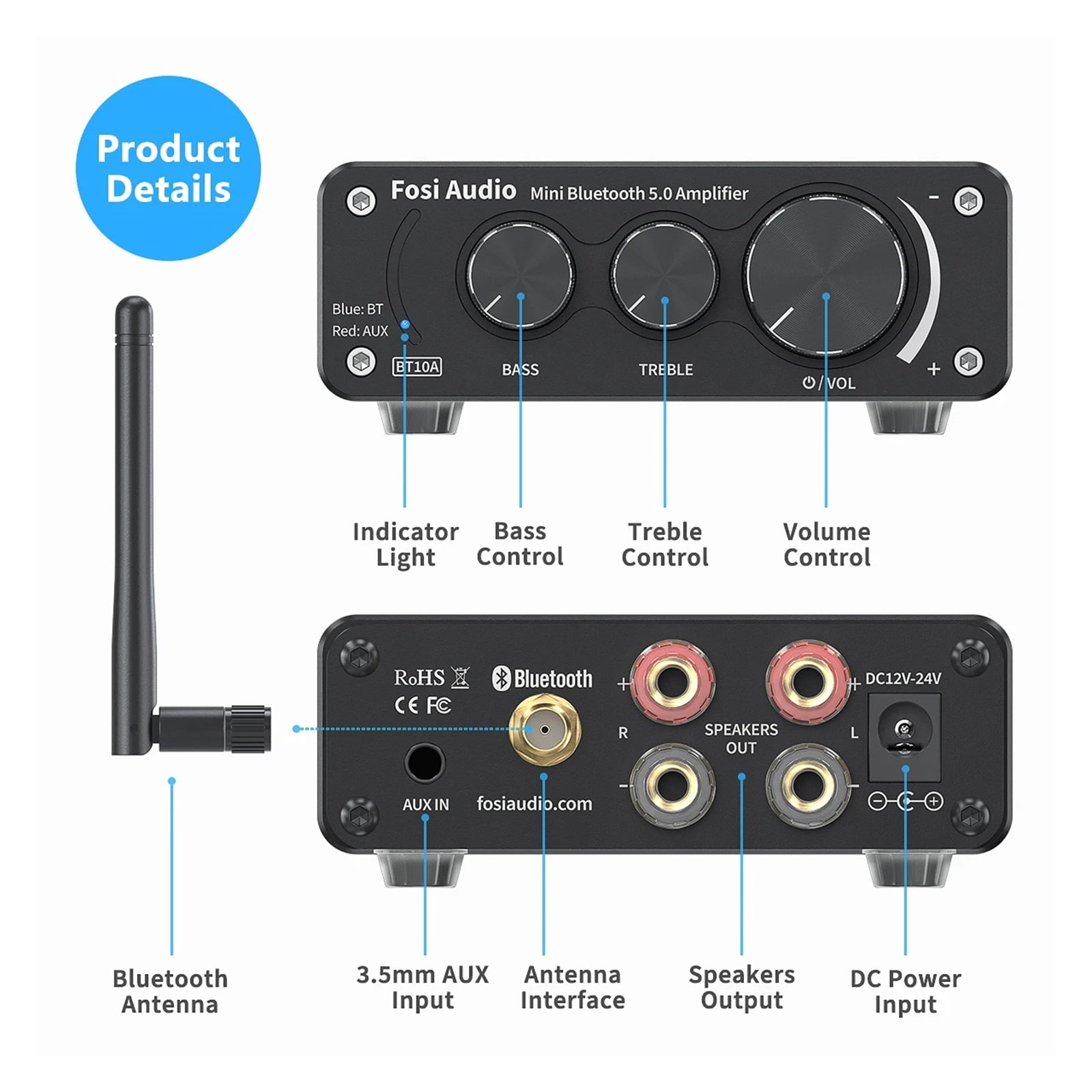BT10A Mini Bluetooth Amplifier 2 Channel Amp For Home Speakers Treble & Bass HiFi Stereo Sound Amplifier 50W*2