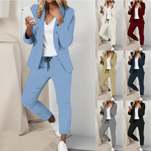 Womens Suit Sets for Work Professional Long Sleeve Blazer and Business Pants Office 2 Piece Suit Set Navy M