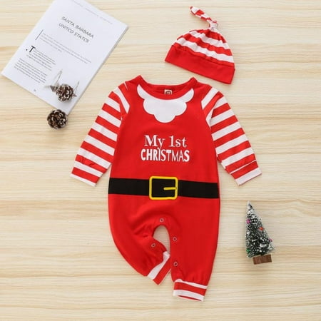 

Promotion!Infant Baby Boy Girls My 1st Christmas Romper Bodysuit Stripes Headband Outfits Set