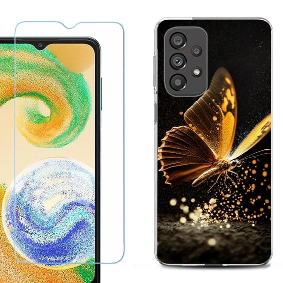 Shockproof Fashion Phone Case for Samsung Galaxy A23 5G, with Tempered Glass Screen Protector, by OneToughShield ® - Golden Butterfly