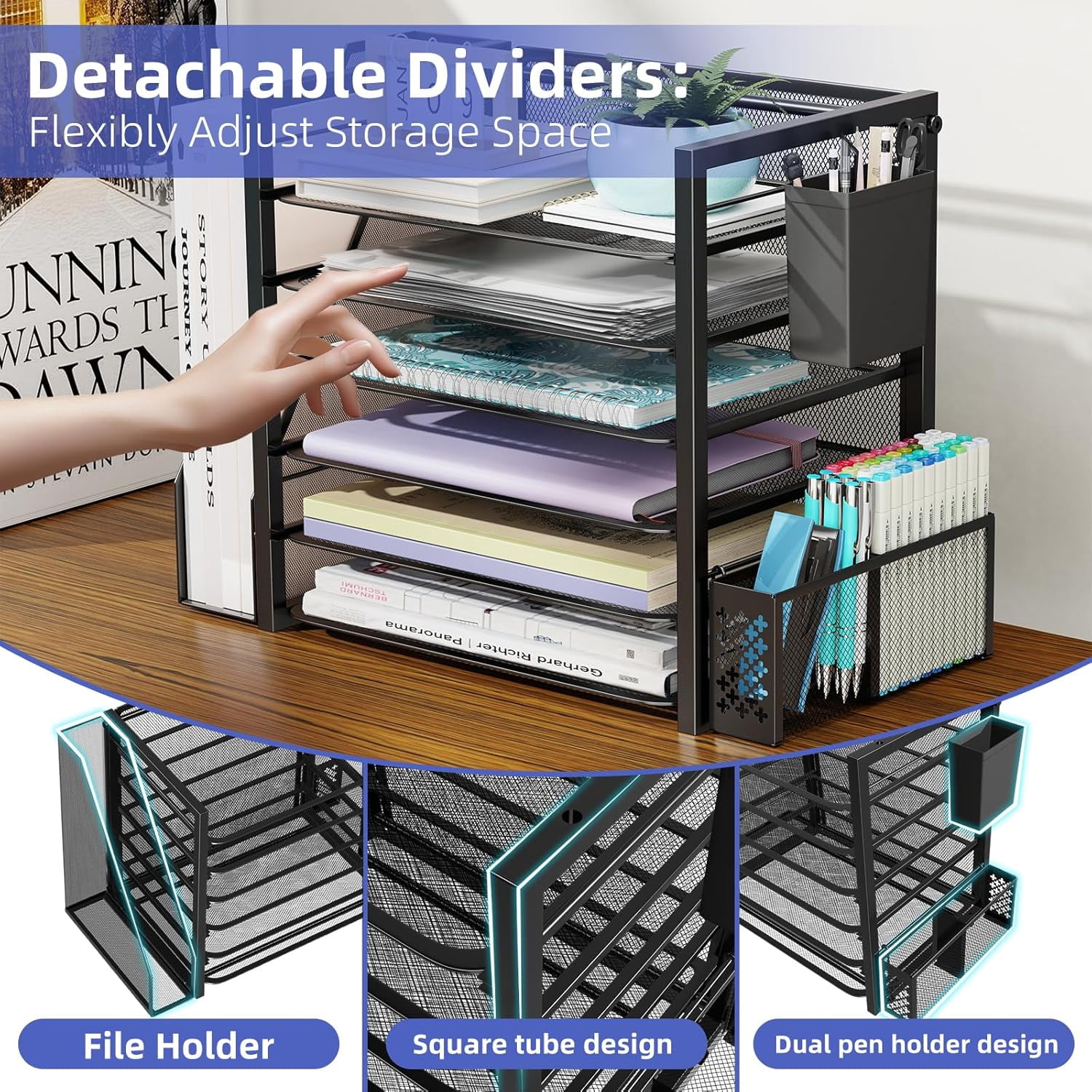 6 Tier Desk File Organizer, Paper Letter Tray Organizer with File Holder and Pen Container, Black