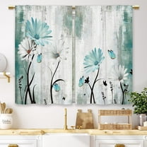 Rustic Farmhouse Teal Daisy Kitchen Curtains Floral Flower Small Short Cafe Window Curtains Butterfly Turquoise Country Bathroom Window Drapes Treatment Tier Curtains 2 Panels (27.5x36 Inch)
