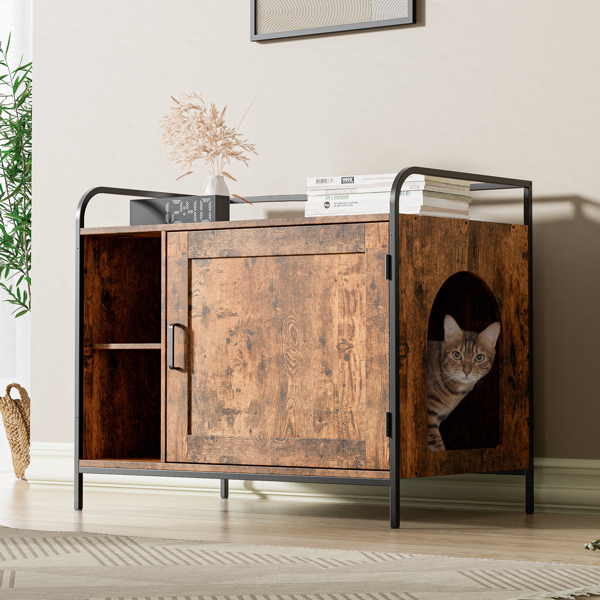 WISHIVE Hidden Cat Litter Box Enclosure, Cat Litter Box Furniture with Door, Wooden Pet Washroom