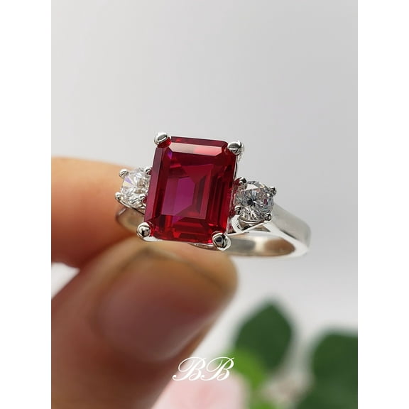 9x7mm Lab Ruby Emerald Step Cut, Trellis Three Stone Ring, Sterling Silver or Gold, Made to Order, Jewelry Gift