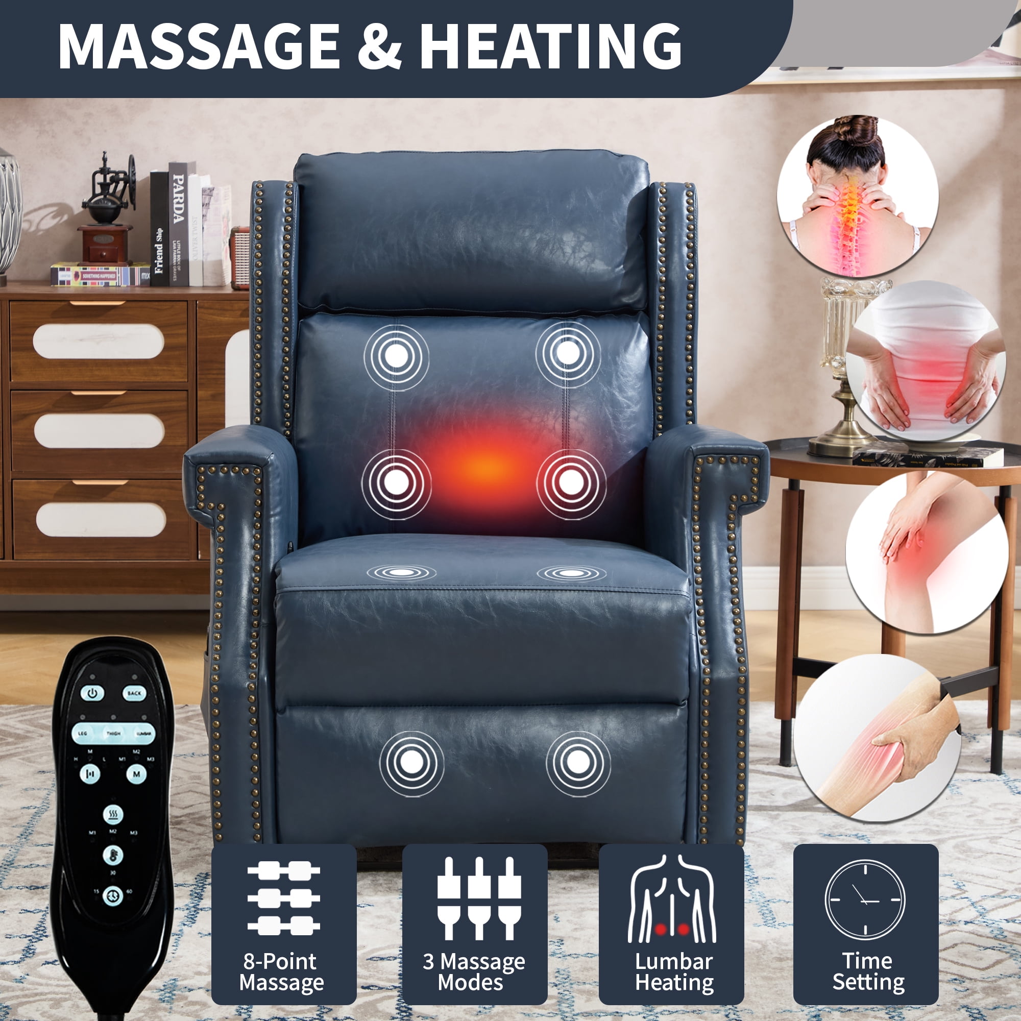 Leumius Recliner Chair for Elderly with Heat and Massage,Heavy Duty Recliners with Side Pockets for Living Room,Blue