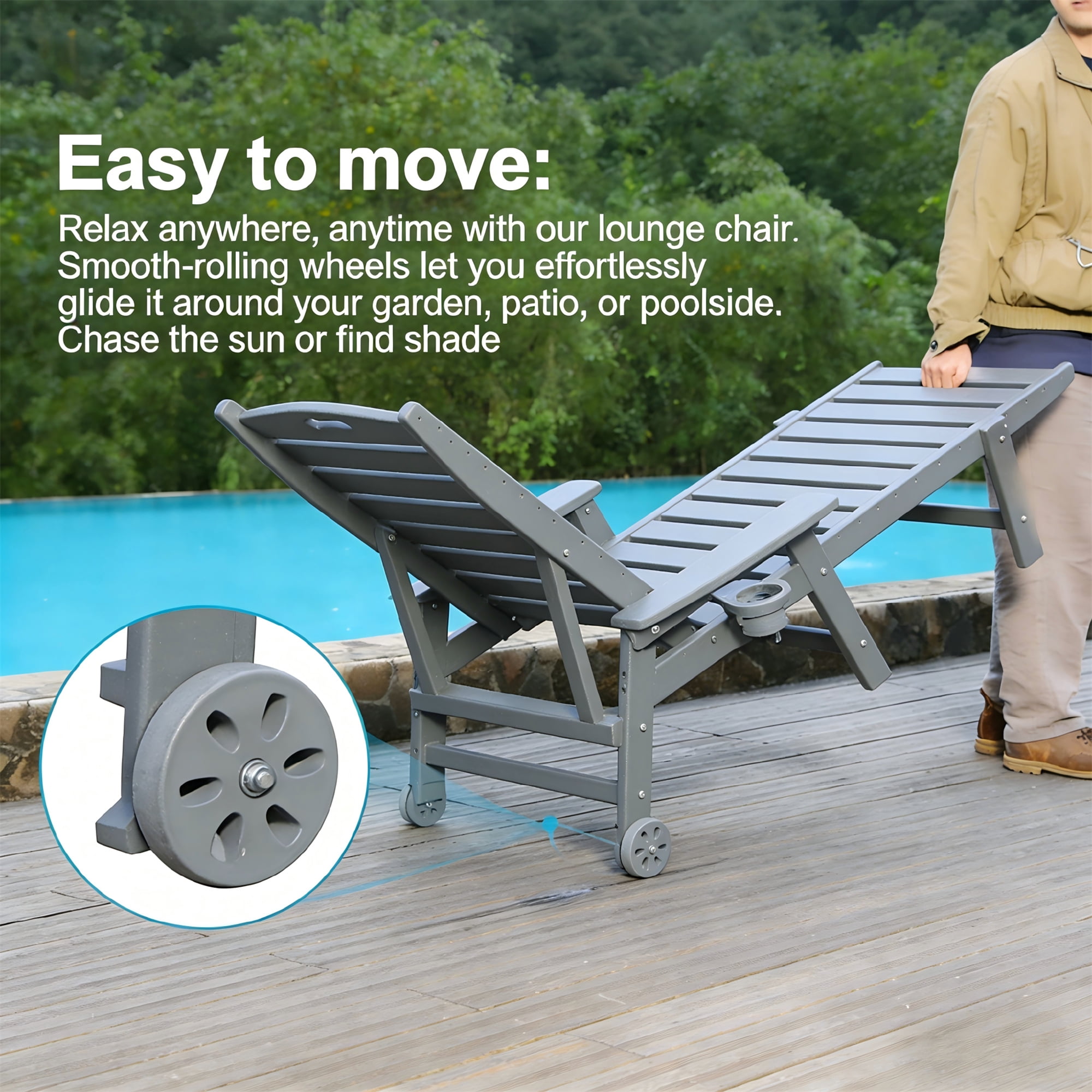Aukfa HDPE Outdoor Patio Chaise Lounge Chair w/ Cup Holder&Wheels, 360 LBS Capacity, Gray