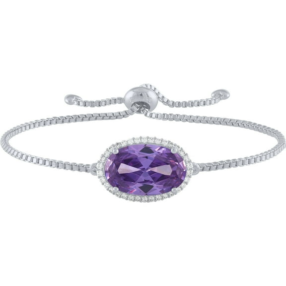 Believe by Brilliance Sterling Silver Plated Simulated Amethyst and CZ Oval Adjustable Bracelet