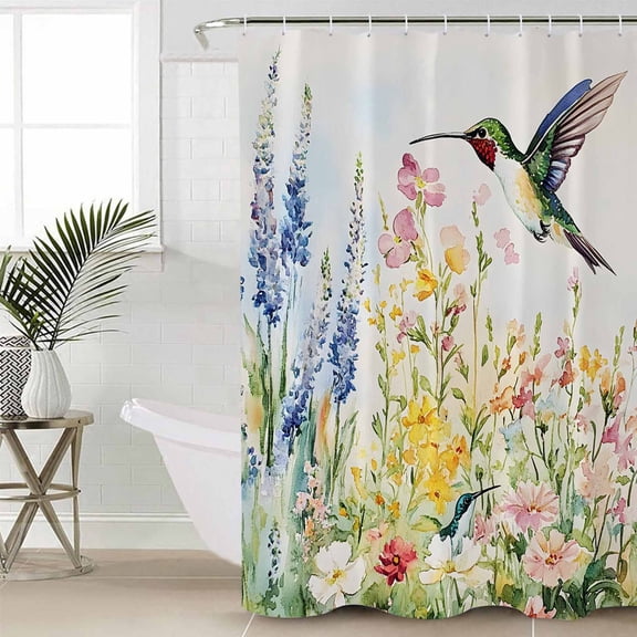 Floral Hummingbird Small Stall Shower Curtain, Waterproof Shower Curtains for Bathroom, Spring Watercolor Flowers Washable Fabric Cloth Bath Curtain for Bathtub Decoration with Hooks 36x72 Inches