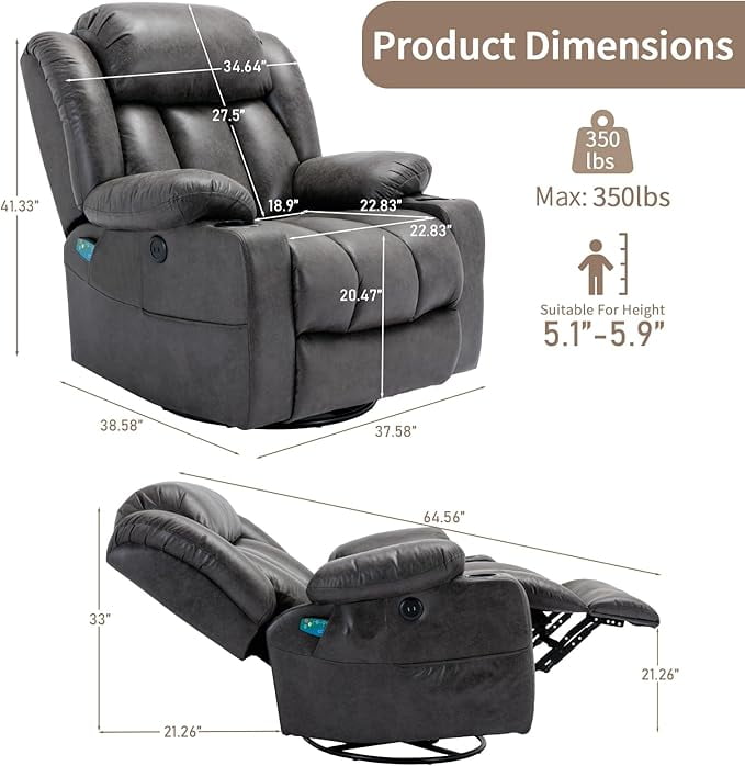EPICOZY  360° Swivel Rocker Recliner Chair with Heat and Massage, Manual Glider Rocking Reclining Chair, Swivel Overstuffed Lounge Reclining Chair with 2 Cup Holders, Side Pockets & USB Ports, Grey