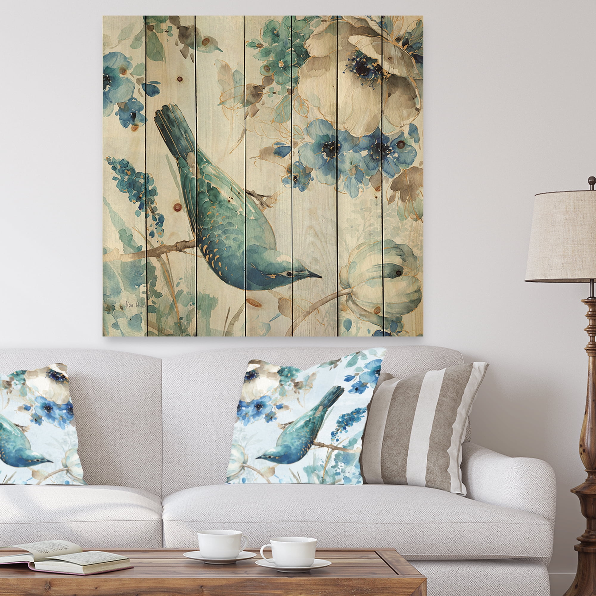 Designart 'Indigold Watercolor Lovely bird I' Farmhouse Print on Natural Pine Wood