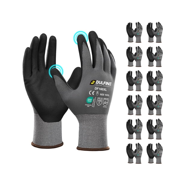 Guantes De Trabajo De Seguridad Dulfine Con Revestimiento De Nitrilo De Microespuma, Paquete De 12 Pares, Guantes De Nailon De Punto Sin Costuras Con Agarre De Nitrilo De Microespuma Negro, Ideales Pa