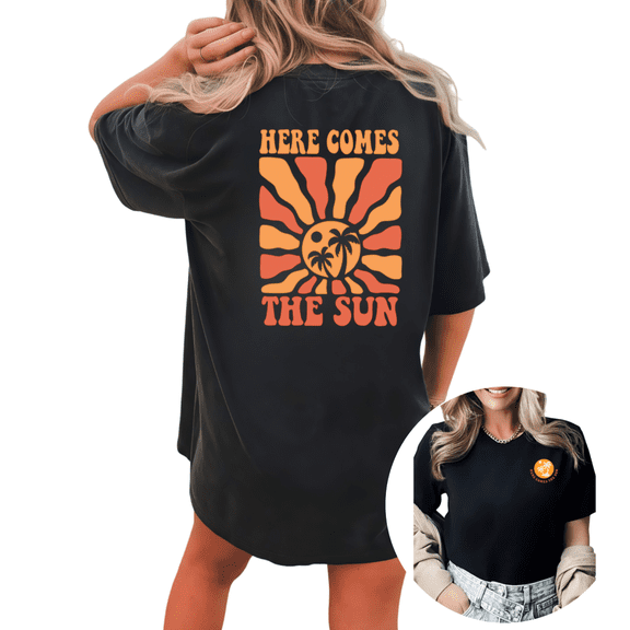 Giffimy Women Here Comes The Sun Retro Summer Graphic Tees T-Shirt Tops Round Neck Printed Cotton T-Shirt Black S-5XL