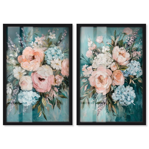 Blush Pink Whimsy 2 Panel Set Shadowbox Print Floral Wall Decor by Art Remedy, Black Frame, 10 x 15
