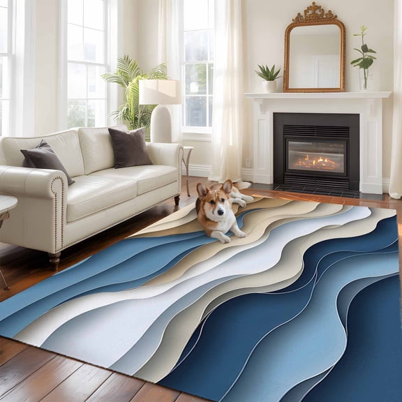 6'x9' Area Rugs, Modern Blue Brown Indoor Outdoor Area Rug for Living Room Bedroom, Coastal Beach Wave Geometric Washable Bathroom Rugs Kitchen Floor Carpet Mats Home Decor Aesthetic